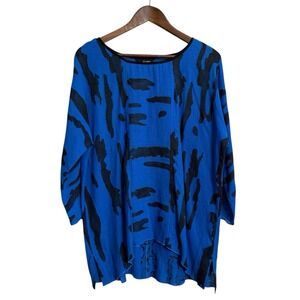 Ali Miles top women's large blue black lagenlook artsy linen blend coastal beach